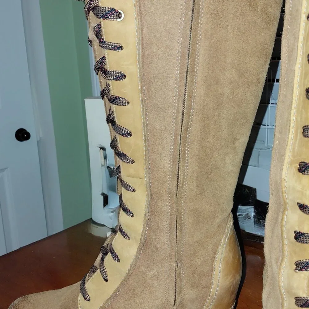 Sorel Womens Size 9.5 Cate The Great Wedge Boots Lace Up High Tall Camel - Picture 6 of 9